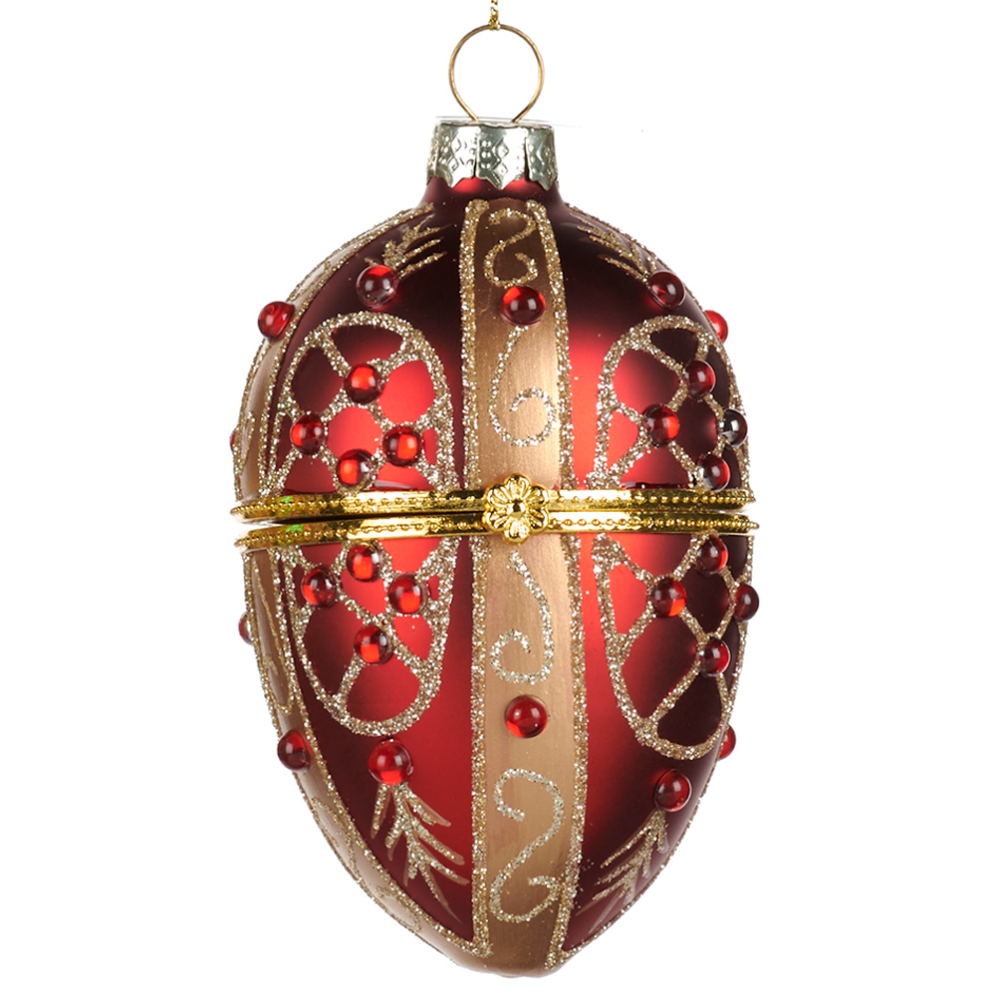 Goodwill glazen kerstornament - Rijk gedecoreerd ei - Met glitters en parels - Rood