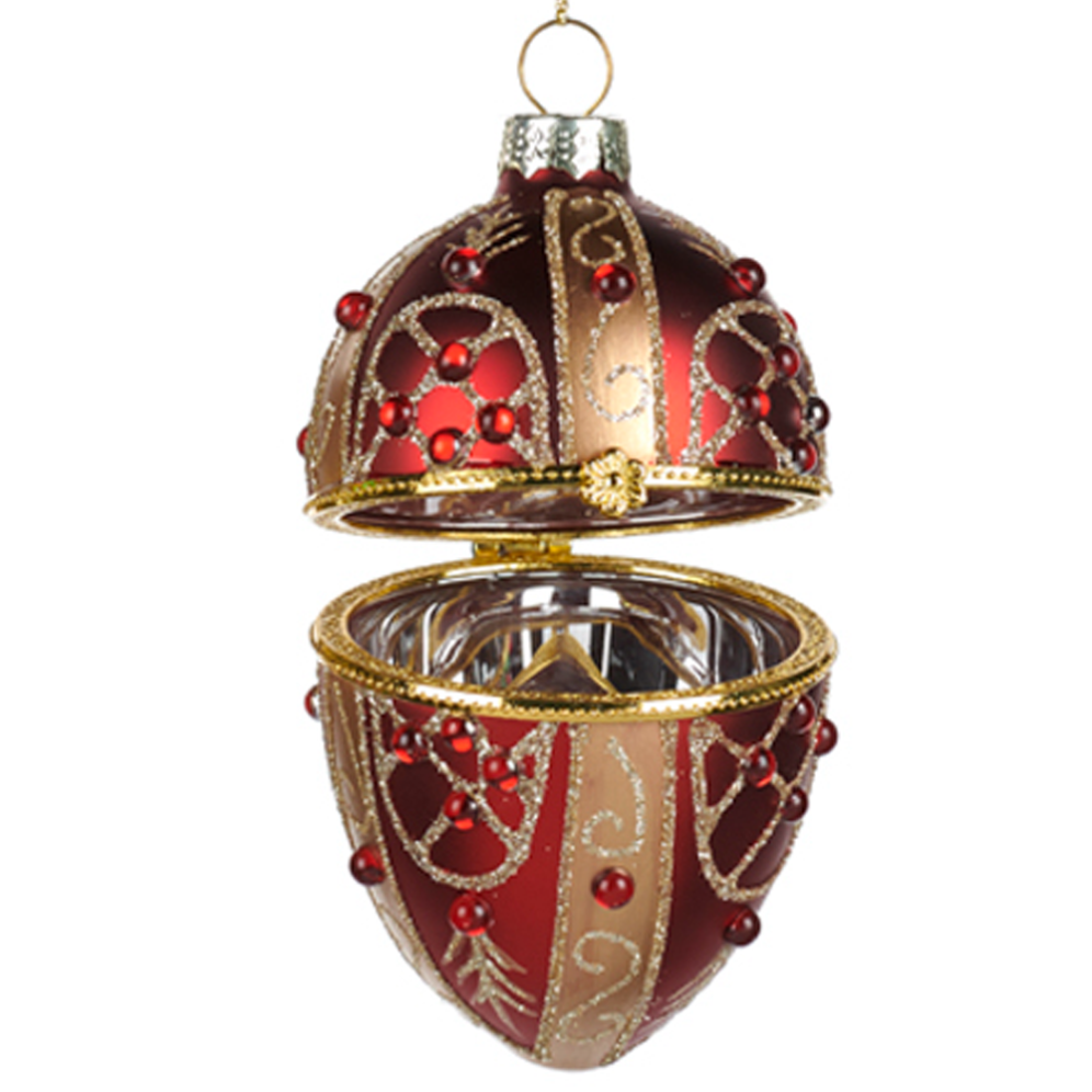Goodwill glazen kerstornament - Rijk gedecoreerd ei - Met glitters en parels - Rood