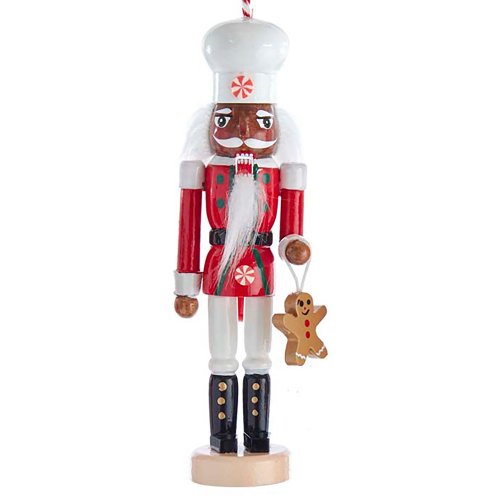 Kurt Adler houten notenkraker - Hanger chef met gingerbread poppetje - Rood en wit - 15cm