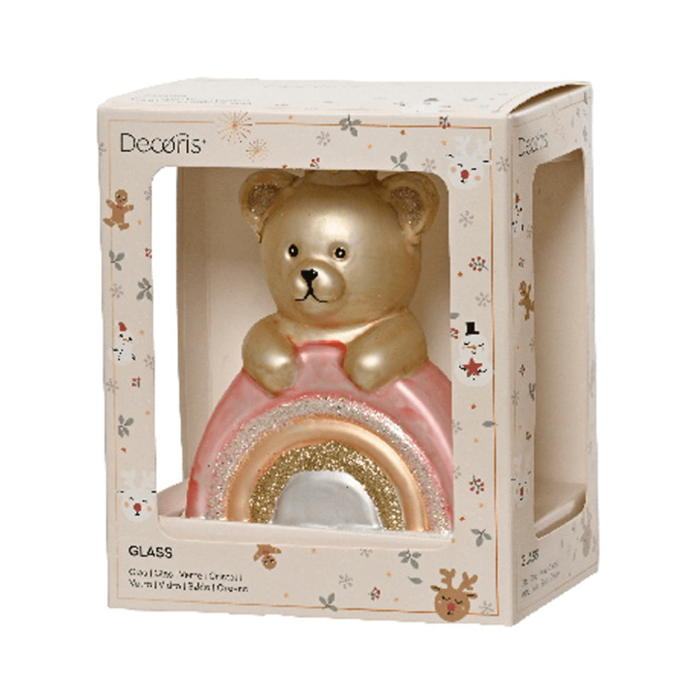 Decoris kerstornament - Beer - Op roze regenboog