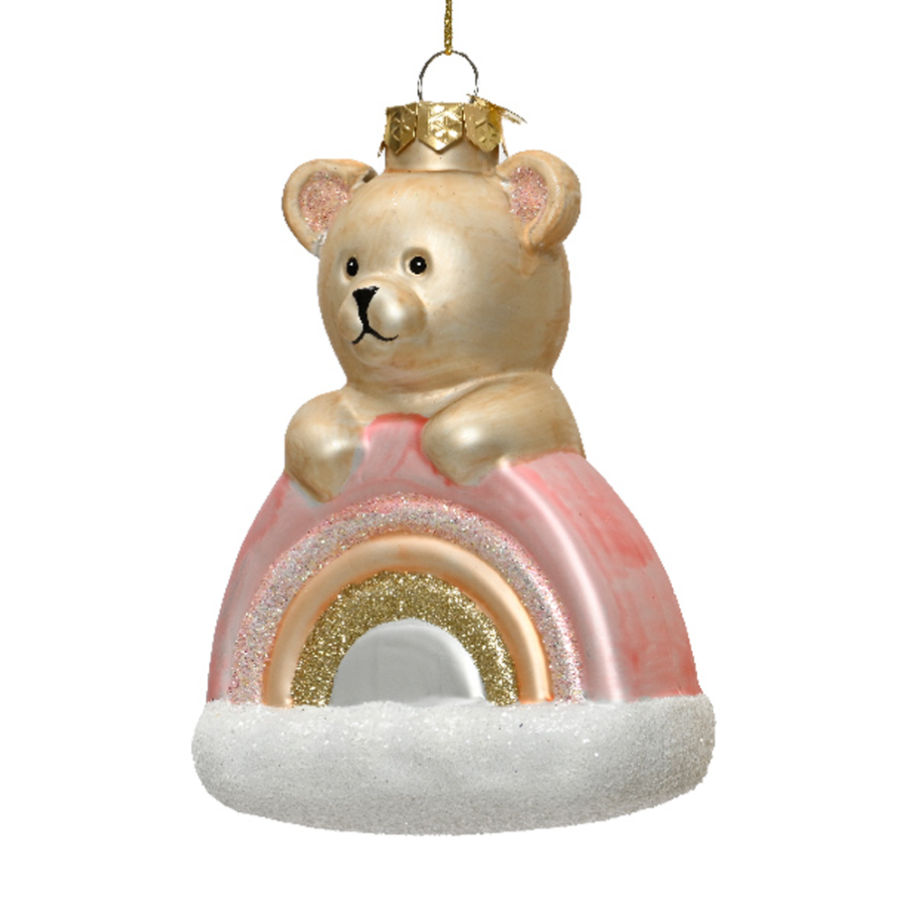 Decoris kerstornament - Beer - Op roze regenboog
