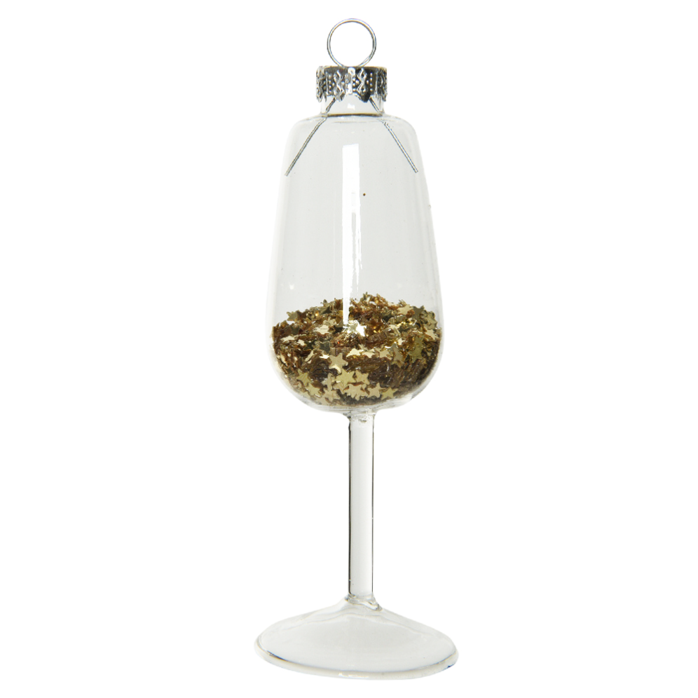 Glazen kerstornament - Champagne glas - Met gouden glitters - 12,5cm