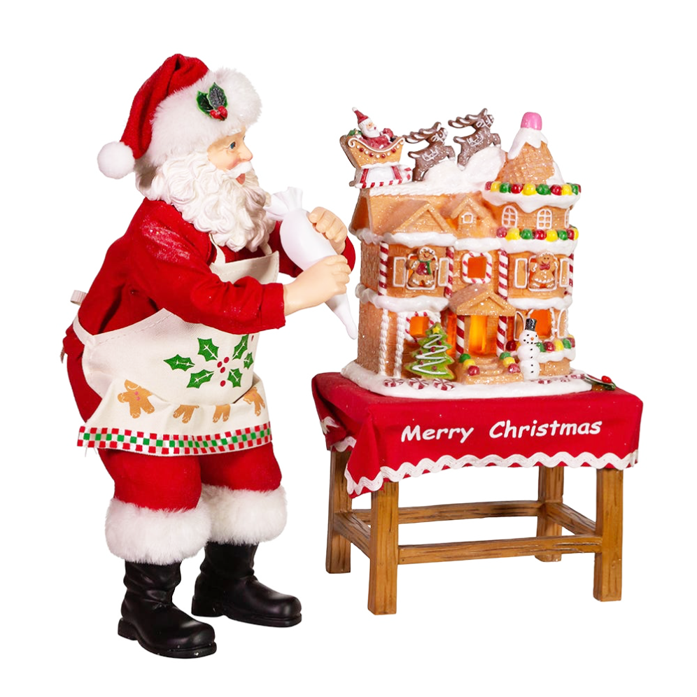 Kurt Adler Fabriché kerstbeeld - Kerstman met gingerbread huis - Set van 2