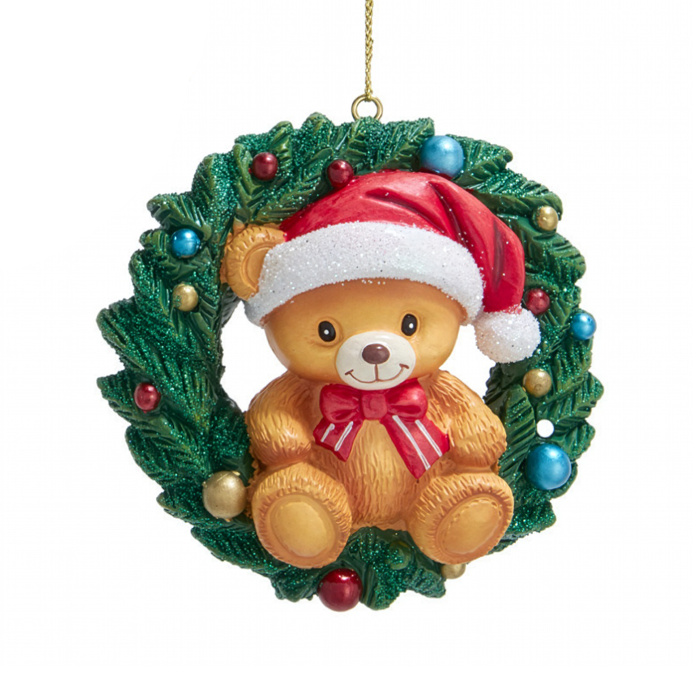 Kurt Adler kerstornament - Teddybeer in kerstkrans