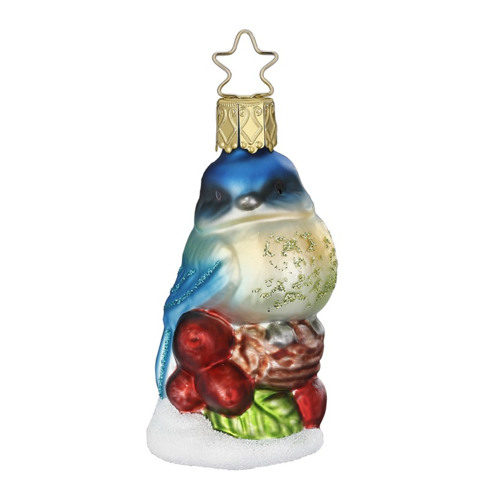 Inge Glas kerstornament - Koolmeesje op tak - Blauw