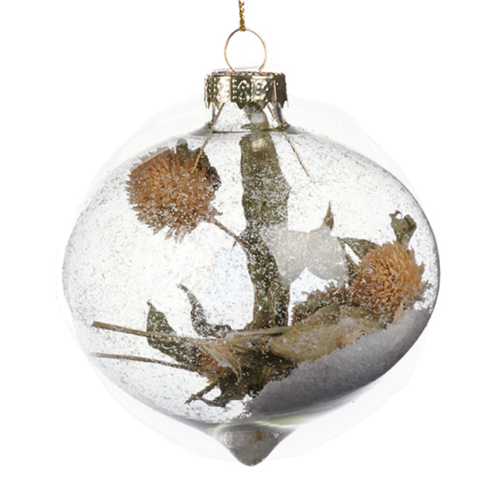Goodwill glazen kerstbal - Met sneeuw en droogbloemen - Ui-vormig - 8cm