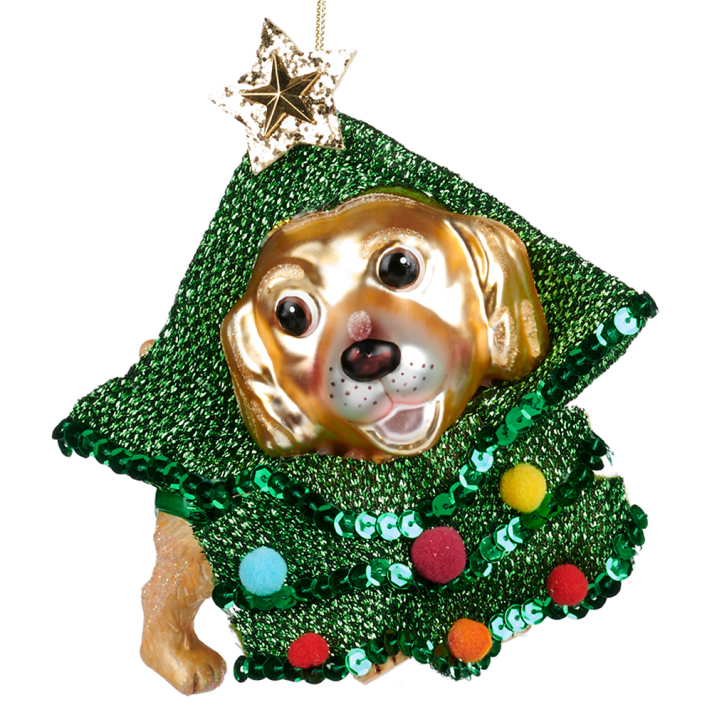 Goodwill glazen kerstornament - Hond in kerstboom kostuum - 19,5cm