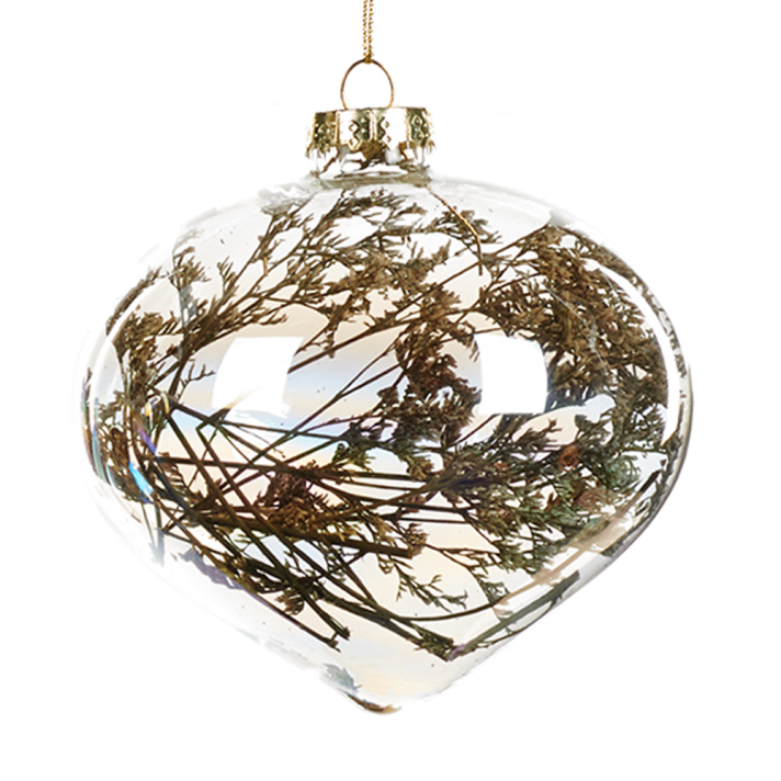 Goodwill glazen kerstbal - Met droogbloem - Ui-vormig - Transparant - 10cm