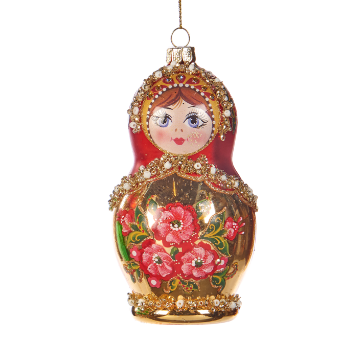 Goodwill glazen kerstornament - Matryoshka pop met parels en glitters - Rood en goud