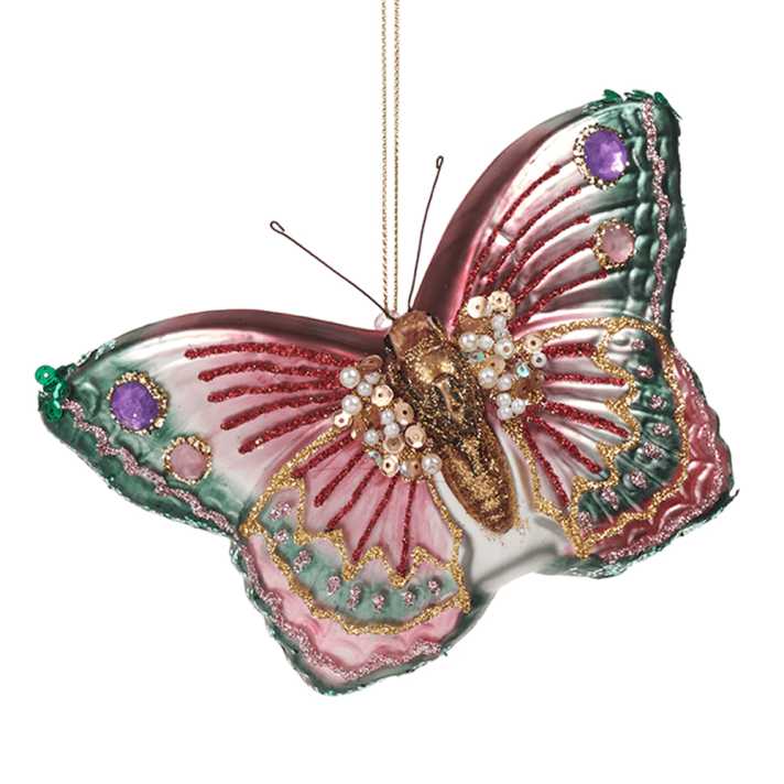 Goodwill glazen kerstornament - Vlinder - Met parels en gouden glitters - 12,5cm