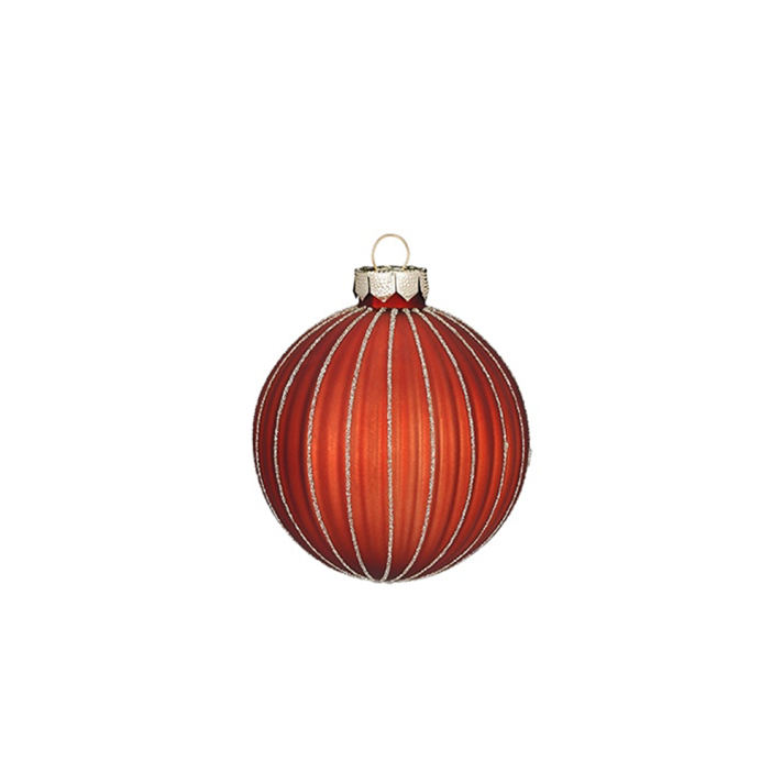 Glazen kerstbal - Met verticale glitter lijnen - Mat rood - 6cm