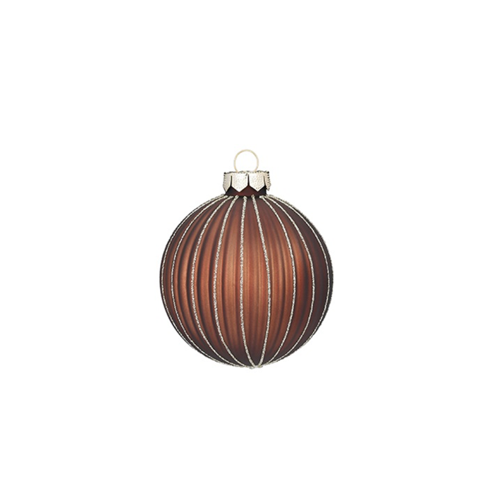 Glazen kerstbal - Met verticale glitter lijnen - Mat bruin - 6cm