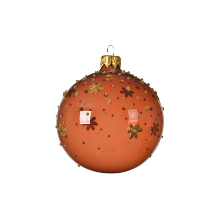 Glazen kerstbal - Met gouden bloemetjes - Bruin transparant - 8cm