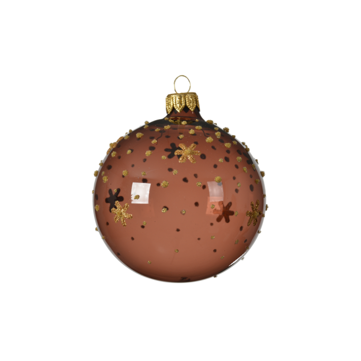 Glazen kerstbal - Met gouden bloemetjes - Bruin transparant - 8cm