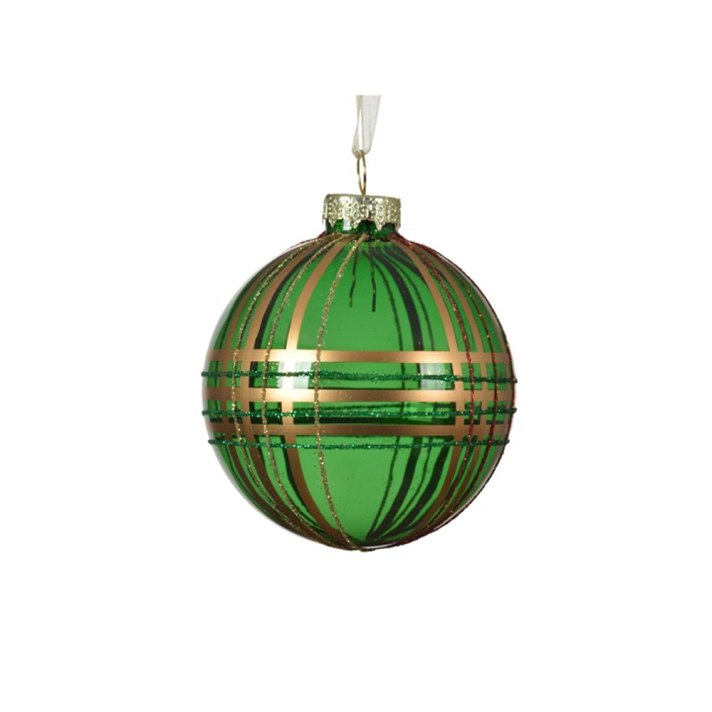 Glazen kerstbal - Met horizontale en verticale gouden lijnen - Groen transparant - 8cm