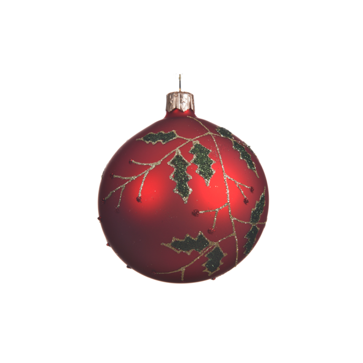 Glazen kerstbal - Met rode glitter hulst - Rood - 8cm