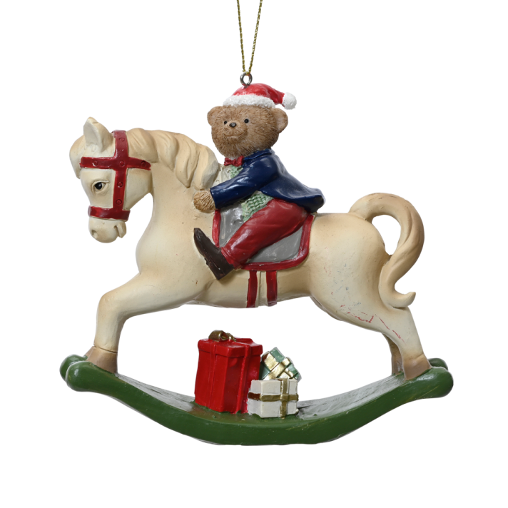 Decoris kerstornament - Hobbelpaard met teddybeer