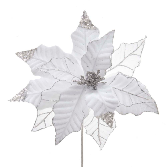 Stoffen witte poinsetta met zilveren glitters