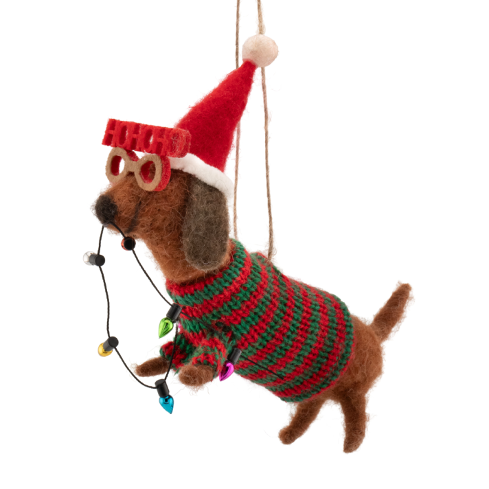 Sass & Belle kerstornament - Teckel met kerstlichtjes