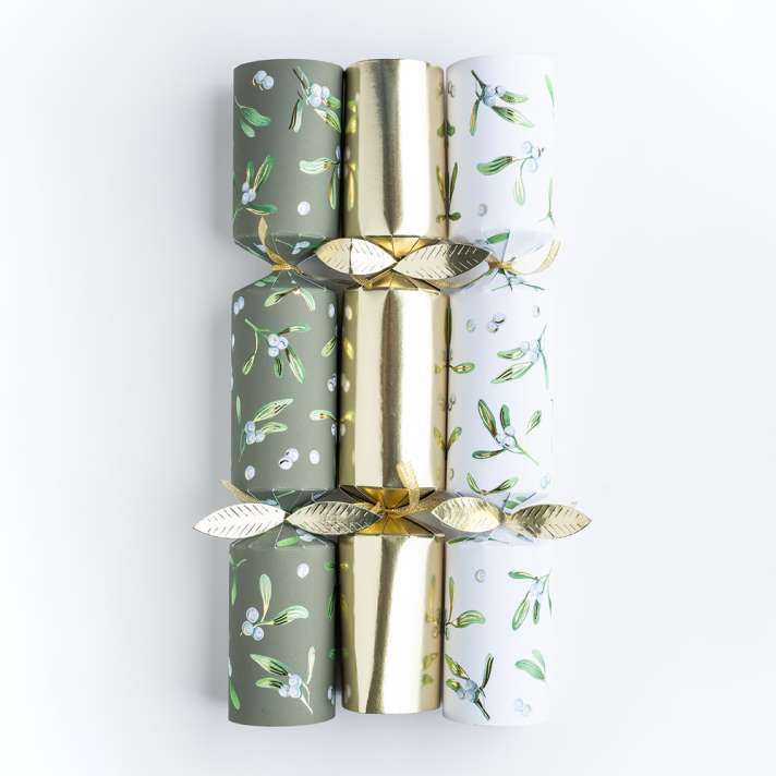Holly & Ivy Christmas crackers - Gold & Green Mistletoe - Set van 6