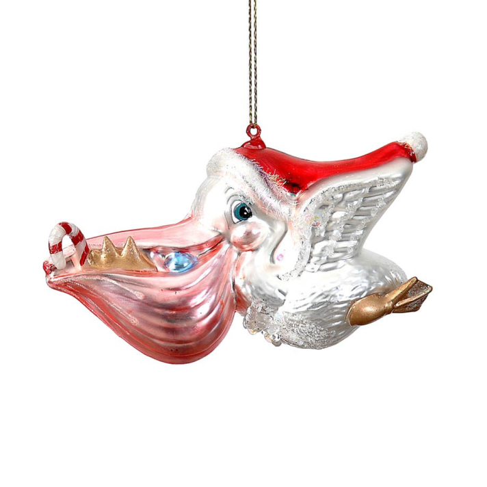 Glinster kerstornament - Pelikaan met kerstmuts
