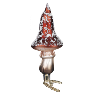 Inge Glas glazen kerstornament - Paddenstoel - Op klip - Rood met sneeuw