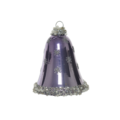 Glazen kerstklok - Paars met parels - Met glitter sterren - 8cm