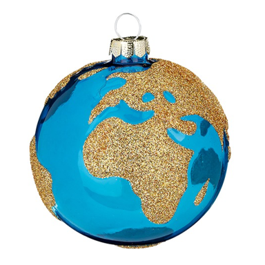 Glazen kerstornament - Wereldbol in duurzame cadeauverpakking - Blauw en glans - 8cm