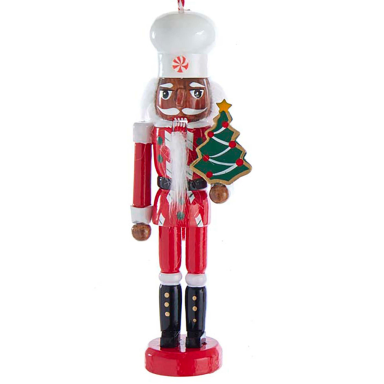 Kurt Adler houten notenkraker - Hanger chef met kerstboom koek - Rood en wit - 15cm