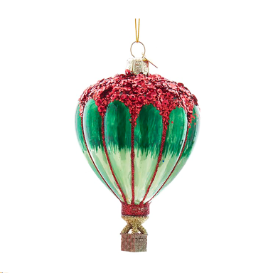 Kurt Adler glazen kerstornament - Hete luchtballon - Met pailletten - Groen