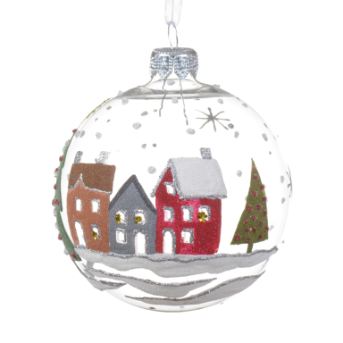 Glazen kerstbal - Met huisjes en kerstboom