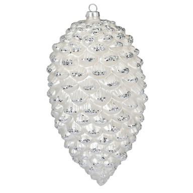 Glazen kerstornament - Dennenappel - Met zilveren glitters - 16cm
