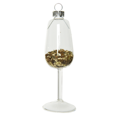 Glazen kerstornament - Champagne glas - Met gouden glitters - 12,5cm