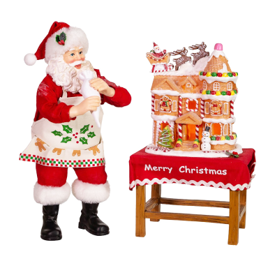 Kurt Adler Fabriché kerstbeeld - Kerstman met gingerbread huis - Set van 2
