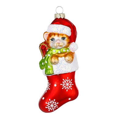 Inge Glas kerstornament - Kat in kerstsok