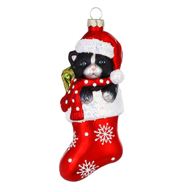 Inge Glas kerstornament - Kat in kerstsok