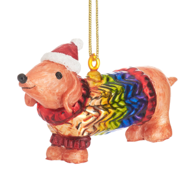 Sass & Belle kerstornament - Teckel met regenboog trui