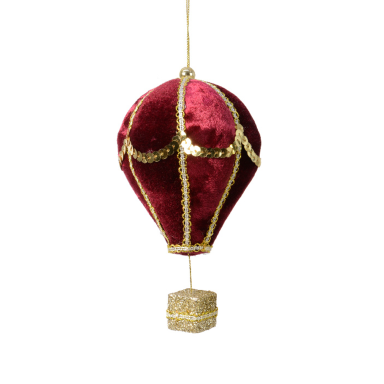 Kerstornament - Satijnen luchtballon - Rood met gouden mand - 13cm